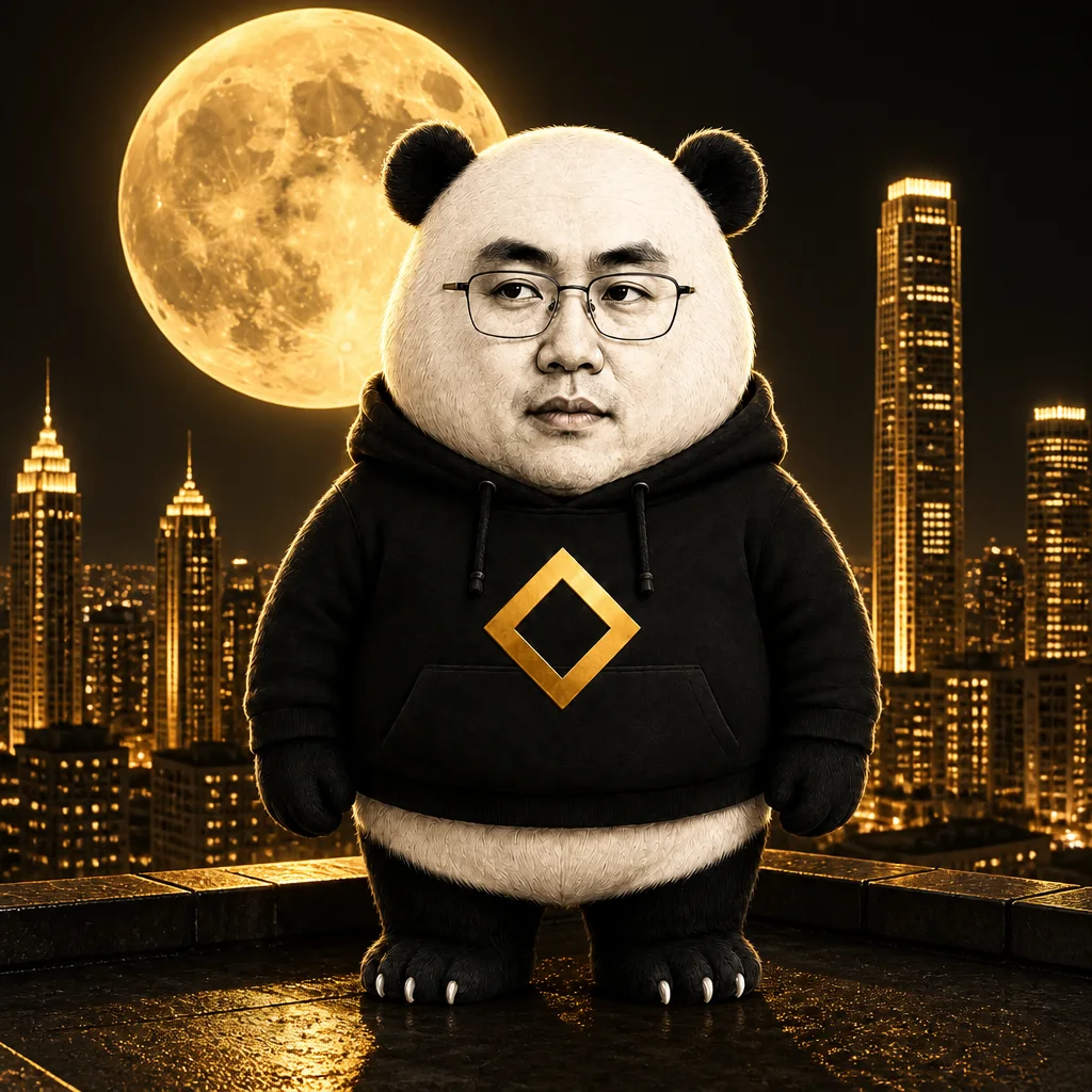 CZ-panda on a gold-lit night city rooftop