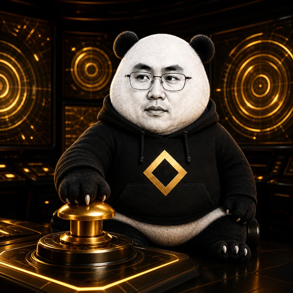 CZ-panda in a dark control room hitting a gold send plunger