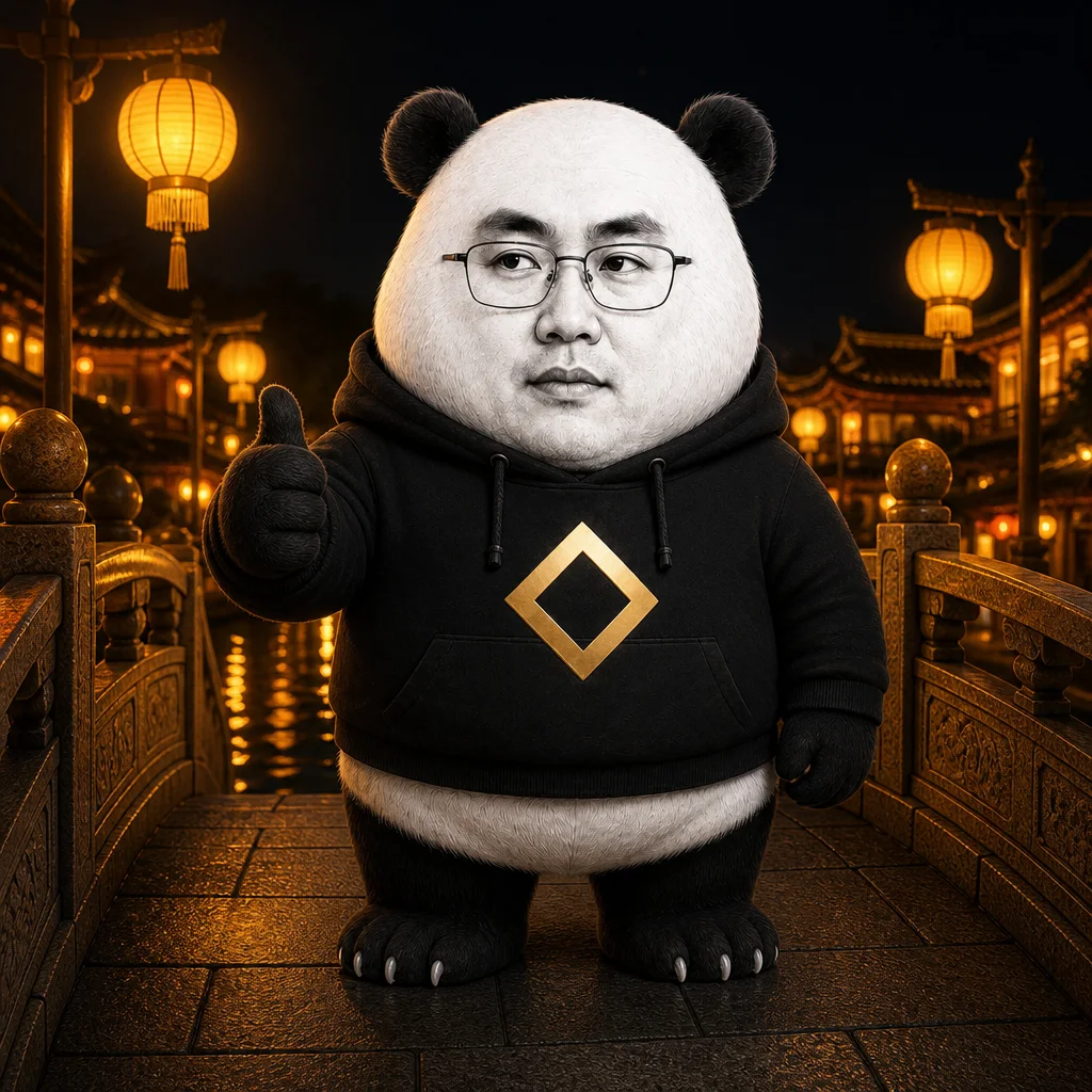 CZ-panda on a lantern-lit arched bridge at night