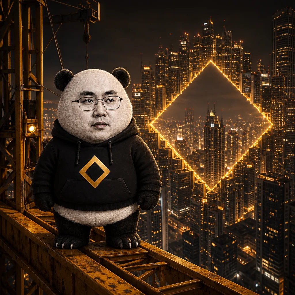 CZ-panda on a crane before a diamond-shaped gold skyline