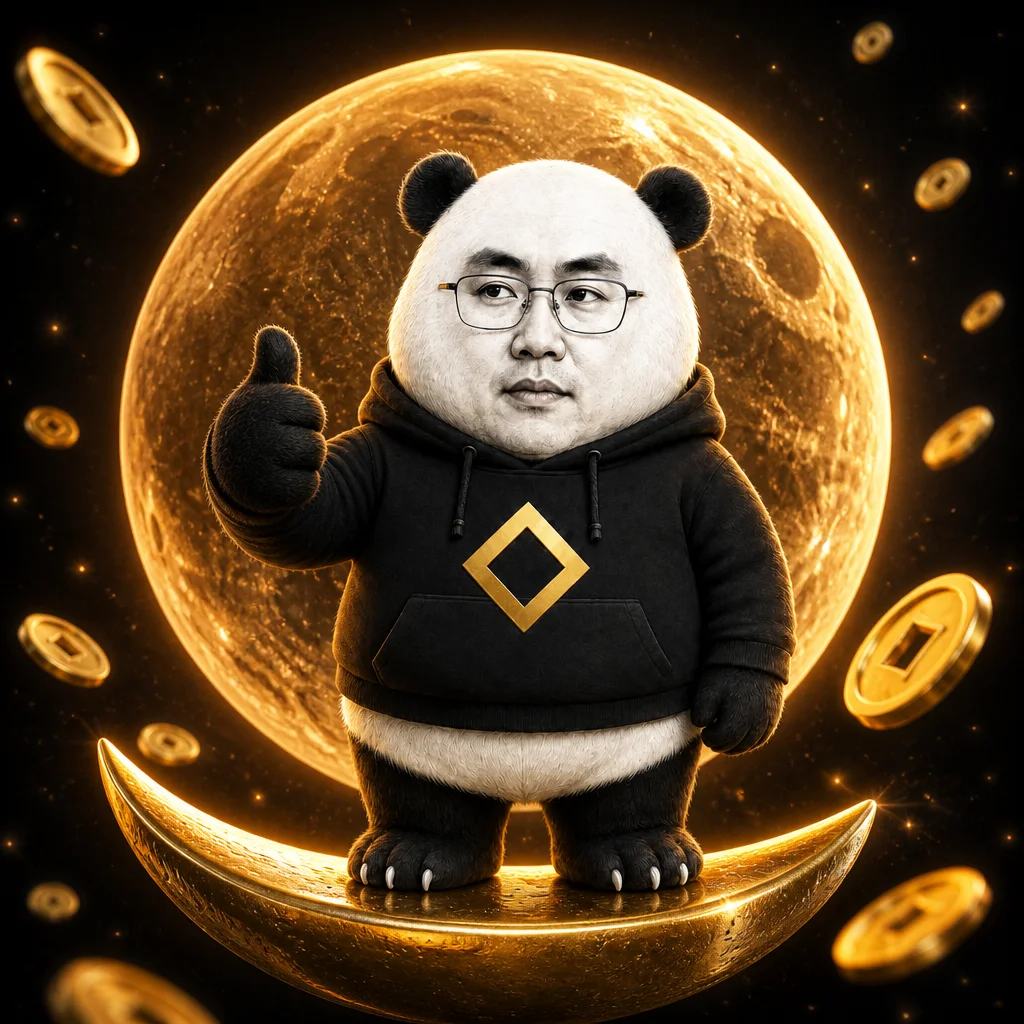 CZ-panda thumbs-up on a gold crescent before a huge moon